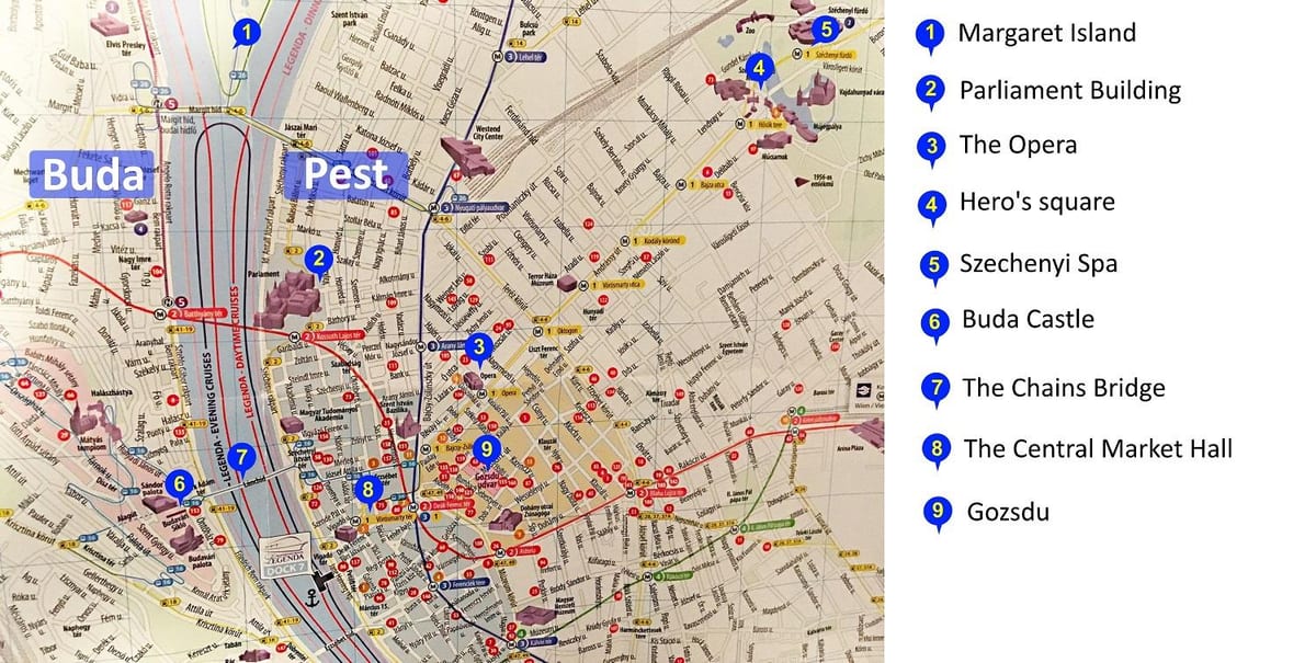 ブダペストの訪問場所の地図
